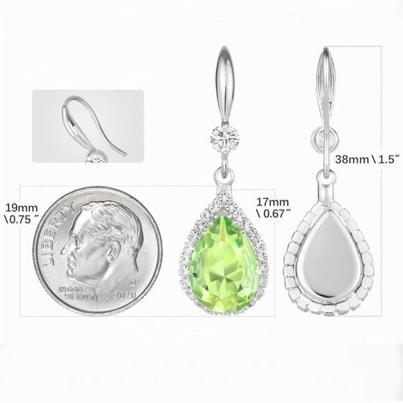 14K White Gold with Peridot Green Cubic Zirconia Teardrop Hook Dangle Earrings - Picture 5 of 5